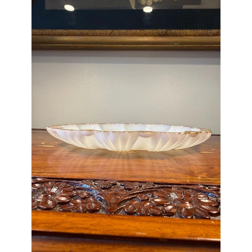 Vintage Milk Glass Deviled Egg Platter • Scalloped Gold Trim Serving Tray